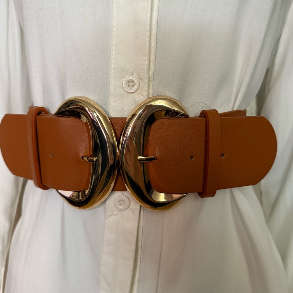 Camel PU leather elastic waistband gold tone double buckle belt